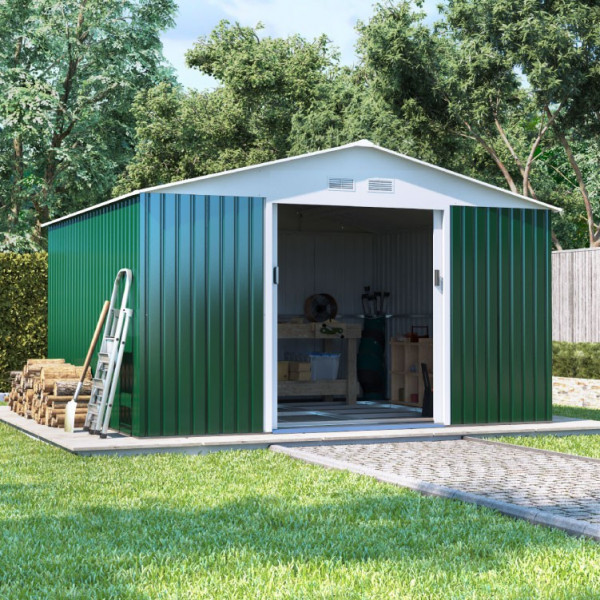 Buy 11' x 10' BillyOh Boxer Apex Metal Shed Green Online - Garden Furniture