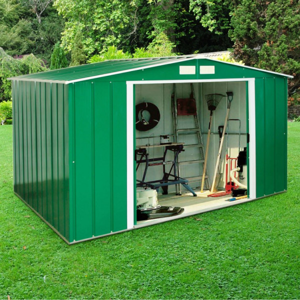 Buy 10' x 8' BillyOh Partner Refurbished Apex Metal Shed Including Assembly Green Online - Sheds