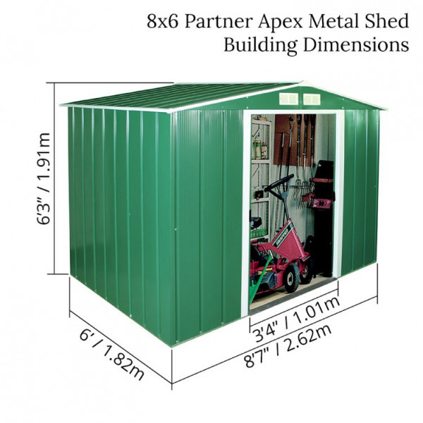 Buy 8' x 6' BillyOh Partner Refurbished Apex Metal Shed Including Assembly Green Online - Sheds