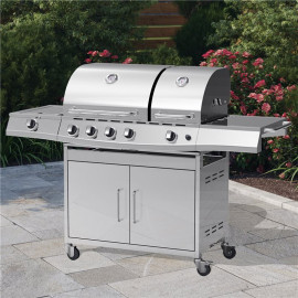 Billyoh Dallas Silver 5 Burner Gas Bbq Grill with Side Burner & Side Table Includes Cover & Regulator Premium Double Bbq Silver