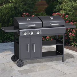 Billyoh Montana Black Dual Fuel Gas and Charcoal Hybrid Bbq with Side Tables Includes Cover & Regulator Dual Fuel Gas and Charcoal Bbq Black