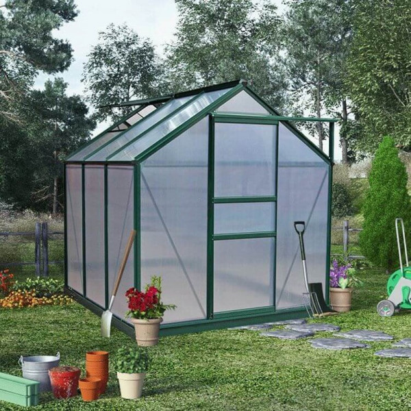 Buy BillyOh Rosette Hobby Aluminium Greenhouse Single Sliding Door, Twin Wall Polycarbonate Glazing 6x6 Green Online - Greenhouses