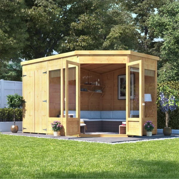 Buy BillyOh Penton Corner Summerhouse with Side Store 11x7 T&G Summerhouse Store on left Online - Garden Houses & Buildings