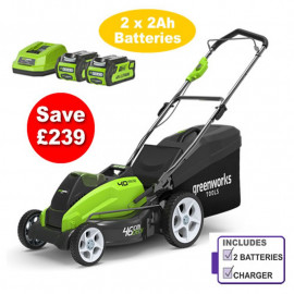 Greenworks G40lm45k2x Cordless 40v 45cm Mower C/w 2 X Batteries & Charger